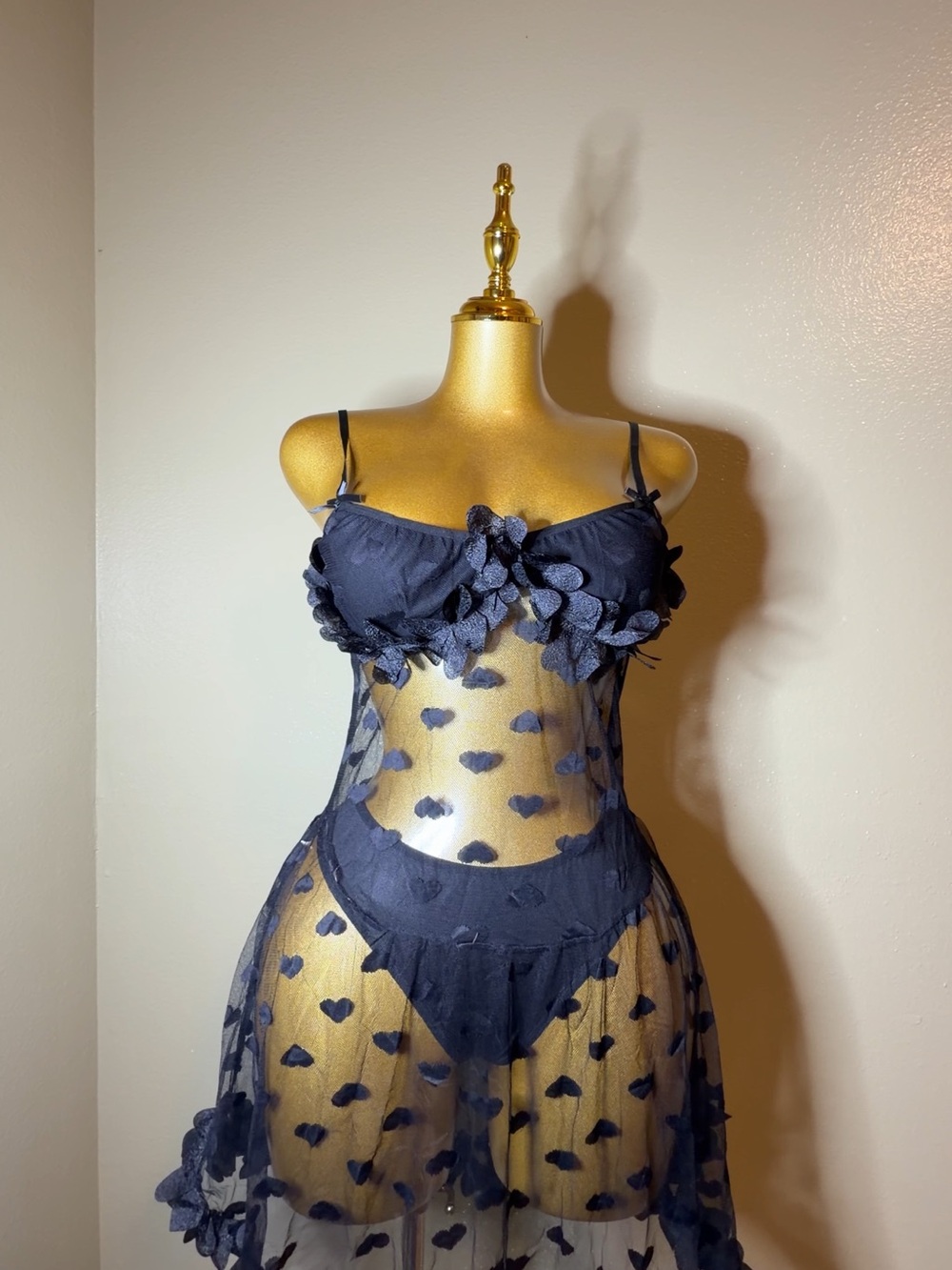 Navy Blue Sheer Heart-Appliqué Mesh Chemise with Matching Brief